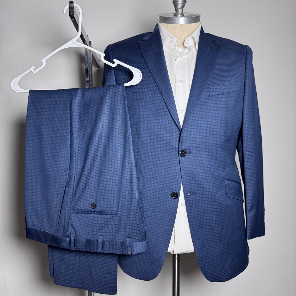 Hart Schaffner Marx Suit Mens 40L 38x30 Blue Micro-Check Worsted Wool Two-Button